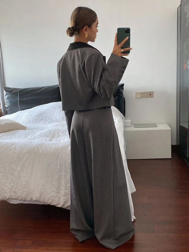 2pcs Women Casual Contrast Color Collared Long Sleeve Fitted Jacket & Wide Leg Pants Set, Autumn/Winter Y2k