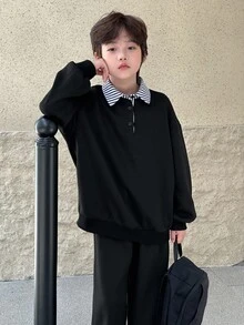 DAZY 男童休闲条纹领宽松抓绒卫衣套装，秋季 - 黑色 - 查看 5