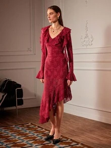 Chiquease Women's Dark Red Long Sleeve Ruffle Hem Lace Midi Dress,Autumn Elegant Dinner Date Cocktail Party Birthday Special Occasions Goth Fairycore Fashion - Red - View 6