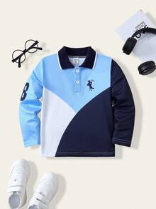 1pc Young Boy Casual Polo Shirt, Collared Colorblock Long Sleeve Polo Shirt Fall Winter - Blue - View 3