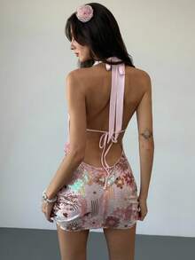 Aloruh Sequin Sexy Backless Draped Neck Mini Dress For Women, Suitable For Music Festivals,Summer Dresses For Women - Multicolor - View 2