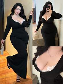 Vibekara Vestido de encaje de contraste talla grande, vestido informal y cómodo sin mangas para ir al trabajo y uso al aire libre - Negro - Ver 1