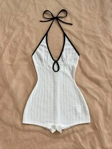 Soleia 女士休闲度假新款 V 领露背系带蝴蝶结镂空黑白撞色修身罗纹连体裤，适合派对、约会、下午茶、海滩 - 白色 - 查看 4