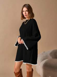 EURMUSE Pullover Bege Long Sweater With Hem And Sleeve Detail+320 - Black - View 7