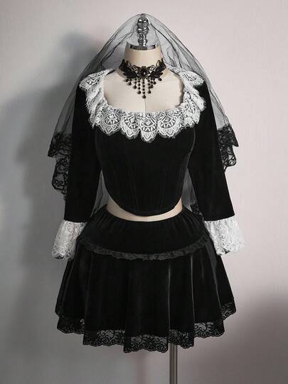 SHEIN ICON Plus Size Square Neck Lace Patchwork Velvet Top & A-Line Velvet Midi Skirt 2 Pieces Set, Elegant Date Night Velvet Outfit, Y2K Retro Palace Style Velvet 2 Pieces Set