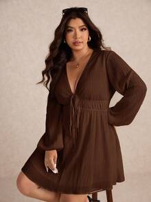 Elaquor Đầm tay đèn lồng cổ chữ V sâu gợi cảm thời trang cỡ lớn - màu nâu - Xem 5