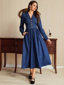 Vintamour Women's Fashion Casual Turndown Collar Waist Denim Dress Denim Dress With Buttons Blue Denim Dress Collared Denim Dress Denim Midi Dress Long Sleeve Denim Dress Fall Clothes For Women Fall Outfits For Womenelegant Dresses For Women Prom Dress Party Dresses For Women Dresses For Women Party Formal Dresses Going Out Dress Christmas Dress