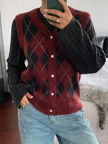 Livesso Chaleco de punto informal con botones metálicos y diseño de cuadros de colores para mujer, adecuado para otoño/invierno, oficina y uso diario - Rojo - Ver 4