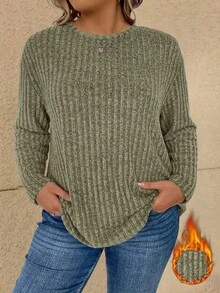 SHEIN 秋季大码女式纯色圆领落肩长袖休闲罗纹T恤