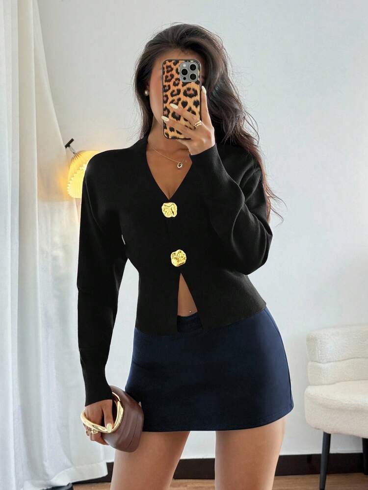 SHEIN LUNE Cardigan en tricot asymétrique à boutons de mode décontractée minimaliste pour femmes, pull sophistiqué