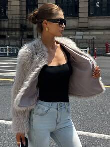 DAZY Women's Solid Color Cropped Jacket, Fashionable For Commuting, Autumn/Winter Y2k - Light Grey - View 4