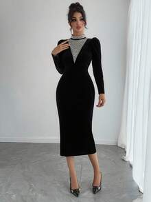 DAZY Long Sleeve Slit Dress, French High-End Luxury Rhinestone Embellished Fitted Gown Prom Dress - Black - View 4