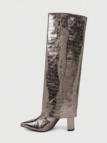 CUCCOO SZL 女士尖头粗高跟靴，银色鳄鱼压纹 PU 皮革，双层面料设计，时尚简约，舒适日常、派对、宴会，侧拉链一脚蹬 - 銀色 - 查看 5