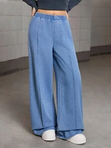 Sparklyn Pantaloni casual larghi in denim medio-blu lavato per ragazze adolescenti, vita elastica asimmetrica, gamba dritta morbida e comoda, adatti per uso quotidiano, scuola, festival e occasioni all'Aperto - Blu lavato medio - Visualizzare 7