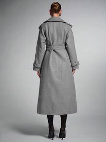 SHEIN BAE Large Lapel Patterned Double-Breasted Long Overcoat, Long Coat Women, Trench Coat Women, Overcoat Women,Coarse Twill Overcoat,Elegant Casual Coat In Fall/Winter,Gray Overcoat, Outerwear Women, Long Coats For Women