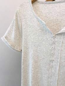 Resyla 大码女式休闲复古简约浪漫纽扣T恤 - 灰色 - 查看 4