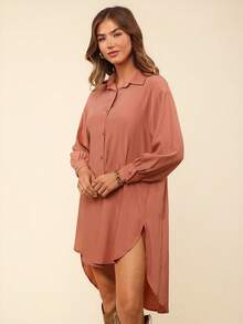 Coeurva Solid Button Front High Low Hem Longline Shirt