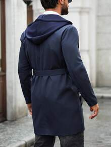 Manfinity Mode 男士双排扣连帽腰带风衣秋季长款连帽风衣藏青色欧式老款 - 藏蓝色 - 查看 2