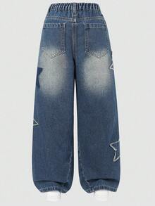 Tween Girls Y2K 休闲松紧腰星星刺绣水洗蓝阴影磨损下摆阔腿宽松百搭百搭日常穿着四季热销直筒牛仔裤，街头服饰 - 中等水洗藍 - 查看 3