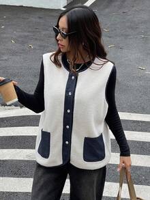 Livesso Chaleco/chaqueta de mujer con cuello redondo, manga corta, parches de piel sintética para el otoño - Beis - Ver 6