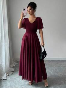 Elenzga Flounce Sleeves Waist Cinched V-Neck A-Line Simple & Elegant Romantic Ladies' Dress - Burgundy - View 6