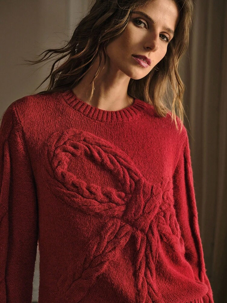 SOLID CABLE KNIT BOW PATTERN SWEATER