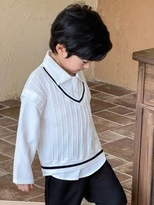 Genkimix Kids 男童学院风长袖拼布领卫衣套装，适合学校、休闲、返校装，春秋季 - 黑與白 - 查看 5