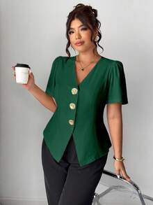 Elenzga Áo len cardigan cài nút hoa hồng thời trang cỡ lớn - Màu xanh lá cây đậm - Xem 4