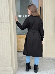 SHEIN 青少年女孩编织休闲百搭时尚纽扣领腰带蝴蝶结口袋宽松长款风衣，休闲军事风格，通勤和户外，返校，秋冬母子搭配，秋季服装，冬季服装