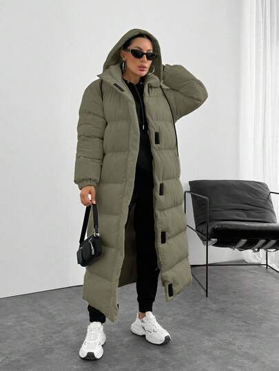 EURMUSE Contrast Hook And Loop Detailed Premium Quality Maxi Lenght Puffer Wintercoat