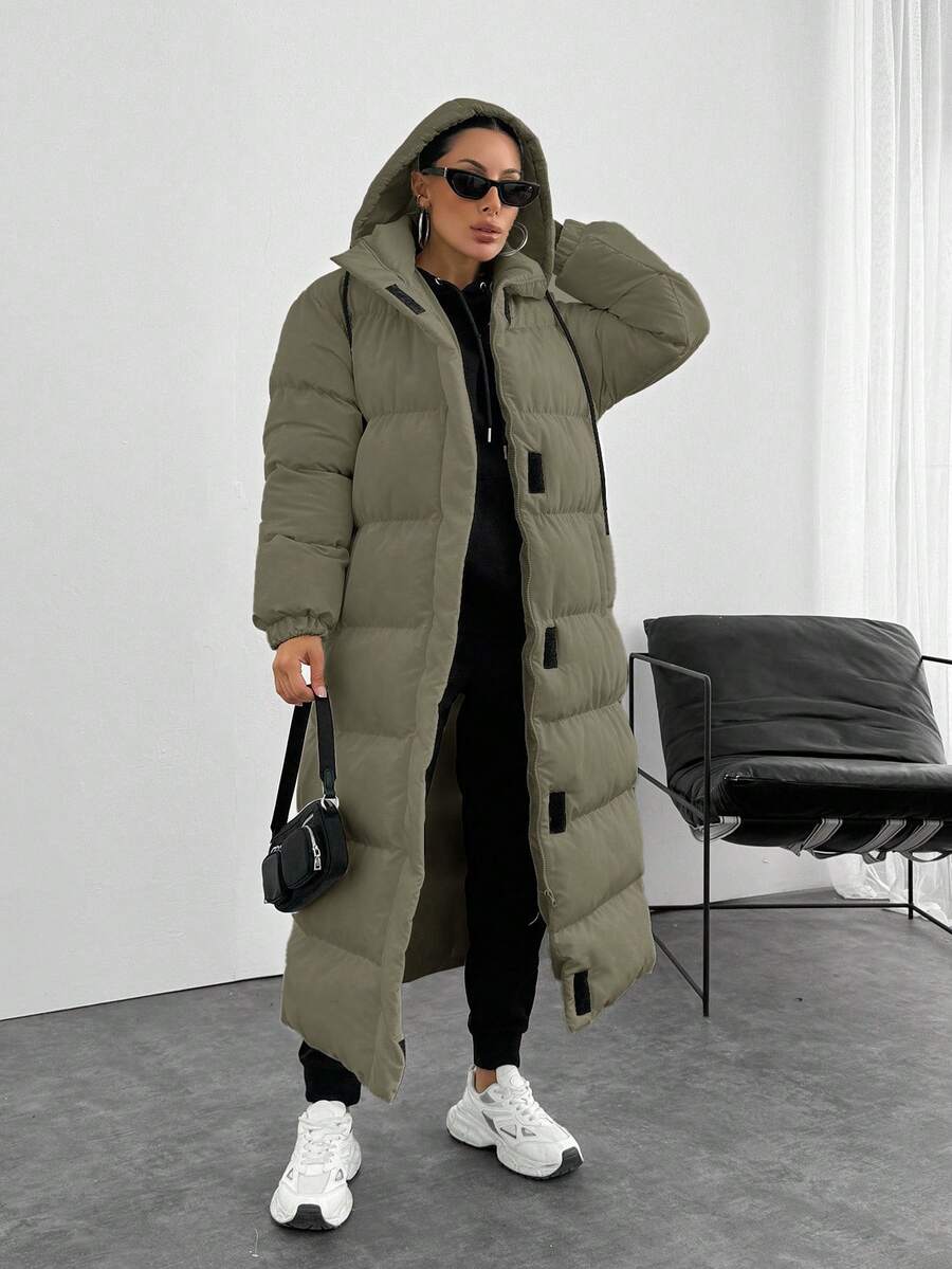 EURMUSE Contrast Hook And Loop Detailed Premium Quality Maxi Lenght Puffer Wintercoat - Mocha Brown - View 1