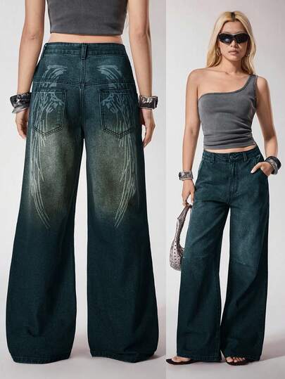 Y2Kool Ekonfriends Verwaschen Engelsflügel Punk Dunkel Straßen Stil Damen Locker Gerade Taillengerade Jeans Geeignet für Lässig Party Musik Festival Jeans Weites Bein Goth Hose Flügel Jeans Weites Bein Jeans Grafik Y2k Jeans SXY 2000er Schulanfang Herbst Winter Club Outfits Damen Sexy Weite Jeans Jeans mit Flügel Muster Weite Jeans Damen Taillengerade Jeans Weite Jeans Y2k Cowboy Hose für Damen Cowgirl Hose Neujahr Outfits Stilvolle Bekleidungskollektion