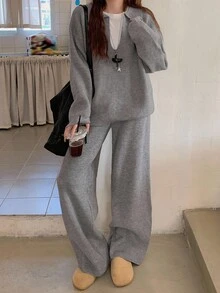 DAZY Setelan Kasual 2 Potong Wanita Warna Polos Lengan Panjang Model Bahu Longgar dan Celana Rajut, Musim Gugur - Grey - View 2