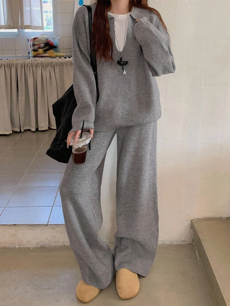 Women's Solid Color Drop Shoulder Long Sleeve Sweater And Knit Pants Casual 2 Pieces Set, Autumn