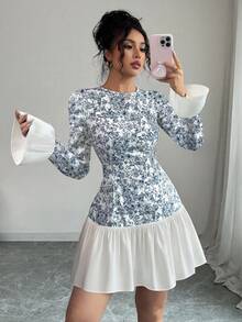 Elenzga Boho-Stil Blume Muster Rundhals Langarm Farbblock Taille gerafft Mini-Kleid, elegantes französisches Design, geeignet für die Abschlussfeier-Saison, Sommeroutfit