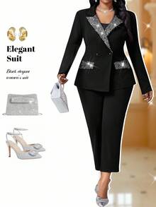 Fleurora Autumn And Winter Elegant Party Cocktail Party Concert/Music Festival Office Black Silver Knitted Lapel Contrast Sequin Long Long Sleeve Plus Size Suits Fall Clothes For Women Autumn Clothes Autumn Outfits For Women Winter Clothes Winter Clothes For Women Women's Winter Clothes Chic Blazer Women 2pcs Plus Size Women Blazer Jacket And Pants Suit Set