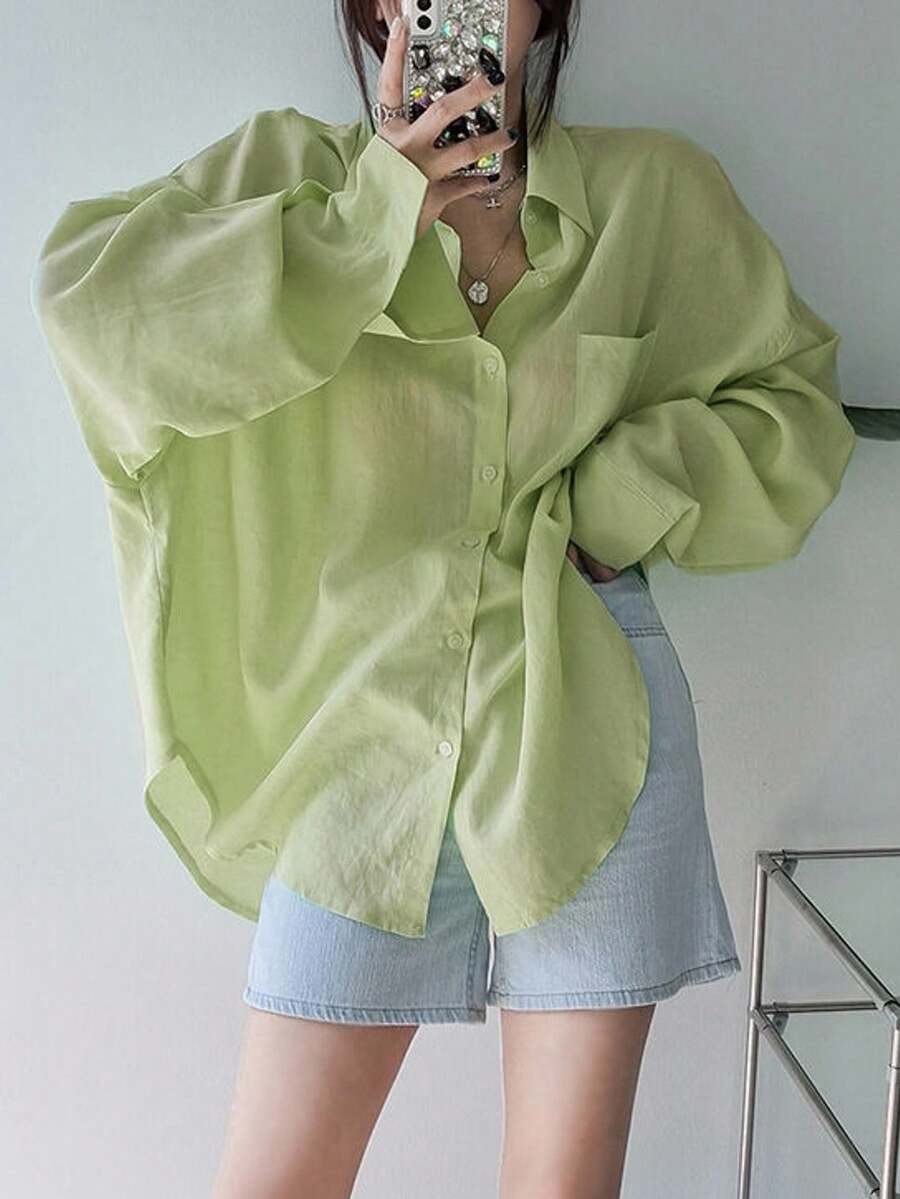 DAZY Camisa suelta asimétrica de un solo pecho de unicolor para mujer, blusas de manga larga, ropa de otoño - Verde - Ver 1