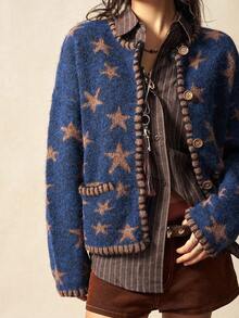 Bohemela Casaco Boho de Outono/Inverno, Casaco de Malha Felpudo Vintage Solto de Manga Longa Aberto com Bolsos Duplos Versátil, Estilo Country Ocidental, Adequado para Férias, Uso Diário e Volta às Aulas, Halloween, Outono - Azul - Visão 7