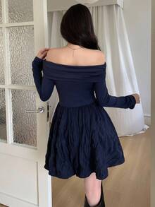 Feyla Women's Elegant Off Shoulder Patchwork Waist Cinched Long Sleeve Mini Dress, Suitable For Commuting - Navy Blue - View 6