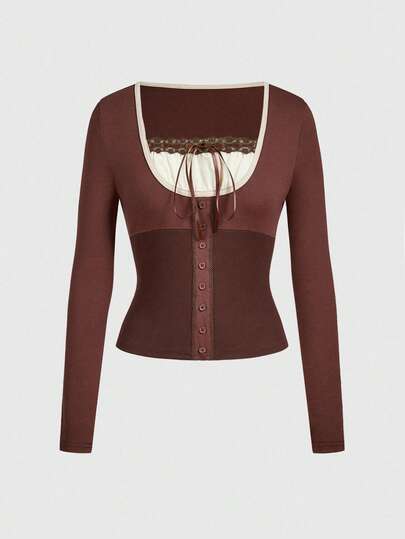 ROMWE Avant قميص نسائي كاجوال طويل الأكمام مزين بشريط متعدد الاستخدامات