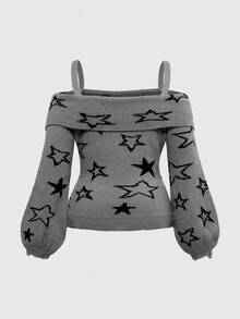 ROMWE Grunge Punk Áo len chui đầu họa tiết ngôi sao hở vai phong cách Punk cổ điển Y2K cỡ lớn dành cho nữ - Xám - Xem 2