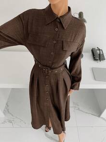 Siren Gaze Vestido casual de manga larga de unicolor para mujer, para ir al trabajo - Café integral - Ver 1