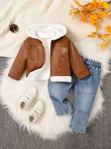 2pcs Baby Boy Fashion Fleece Jacket Paired With Casual Long Denim Set Fall Winter - Medium Wash - View 1