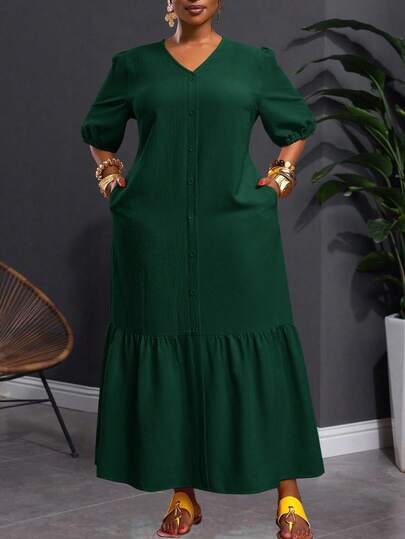 Slaydiva 2025 新款春夏大码女式复古西部度假/早午餐装，音乐节/俱乐部/公路旅行/度假/休闲/城市度假/毕业典礼，优雅女士度假连衣裙，宽松黄色纹理泡泡格纹 V 领泡泡袖 H 字形荷叶边下摆长裙