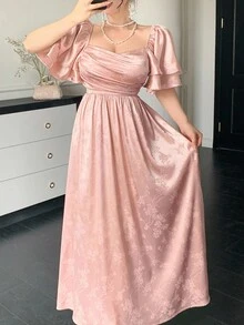 DAZY 夏季婚礼和派对礼服，方领设计，褶皱，高端缎面花卉提花中长连衣裙，适合女士 - 粉色 - 查看 5