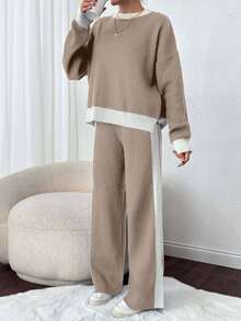 EURMUSE Bộ áo len dệt kim dài tay dáng rộng sọc xanh trắng tương phản + quần dài cho nữ - Màu be - Xem 5