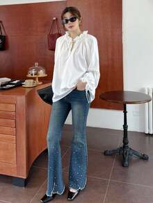 K-Vae 女士秋冬白色荷叶边宽松衬衫，韩版风格，万圣节服装，别致秋季