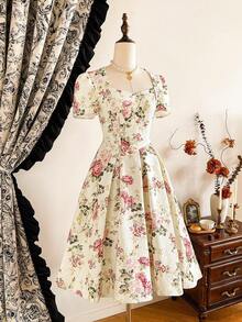 Vintamour 复古优雅女士连衣裙，提花甜心领休闲假日派对连衣裙，秋季女装，秋季穿搭，秋季连衣裙，冬季女装，冬季女装，圣诞节女装，圣诞节女装，圣诞节派对连衣裙，圣诞派对连衣裙，优雅派对连衣裙，优雅派对连衣裙 - 杏色 - 查看 4