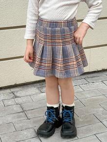 Playful Pals 女孩休闲可爱格子褶皱 A 字裙，适合秋冬季、学校、返校季、日常穿着 - 藍色 - 查看 9