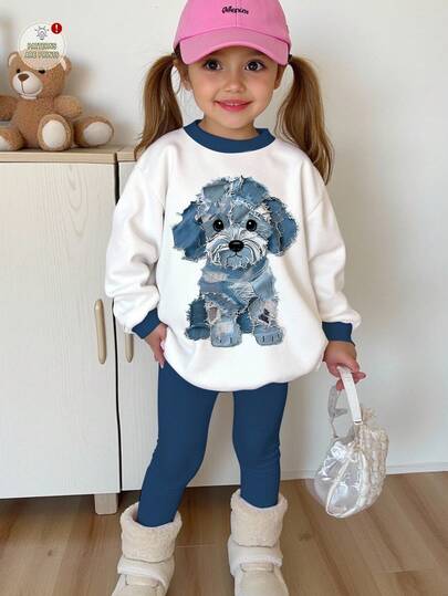 SHEIN 2 件年轻女孩休闲可爱纹理小狗图案圆领长袖运动衫和紧身裤套装，适合秋冬季